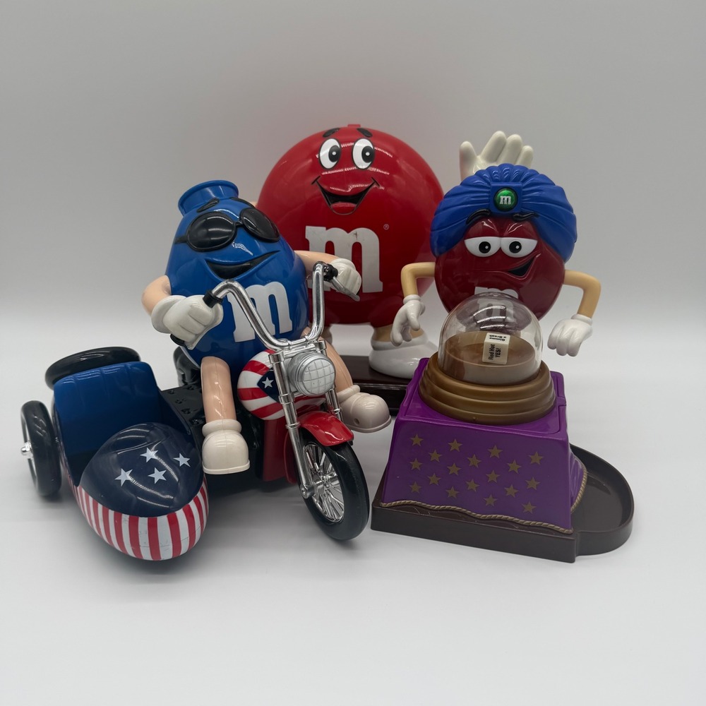 M&M's Candy Dispenser Lot Blue Motorcycle Sidecar Red Fortune Teller Waving Red‎